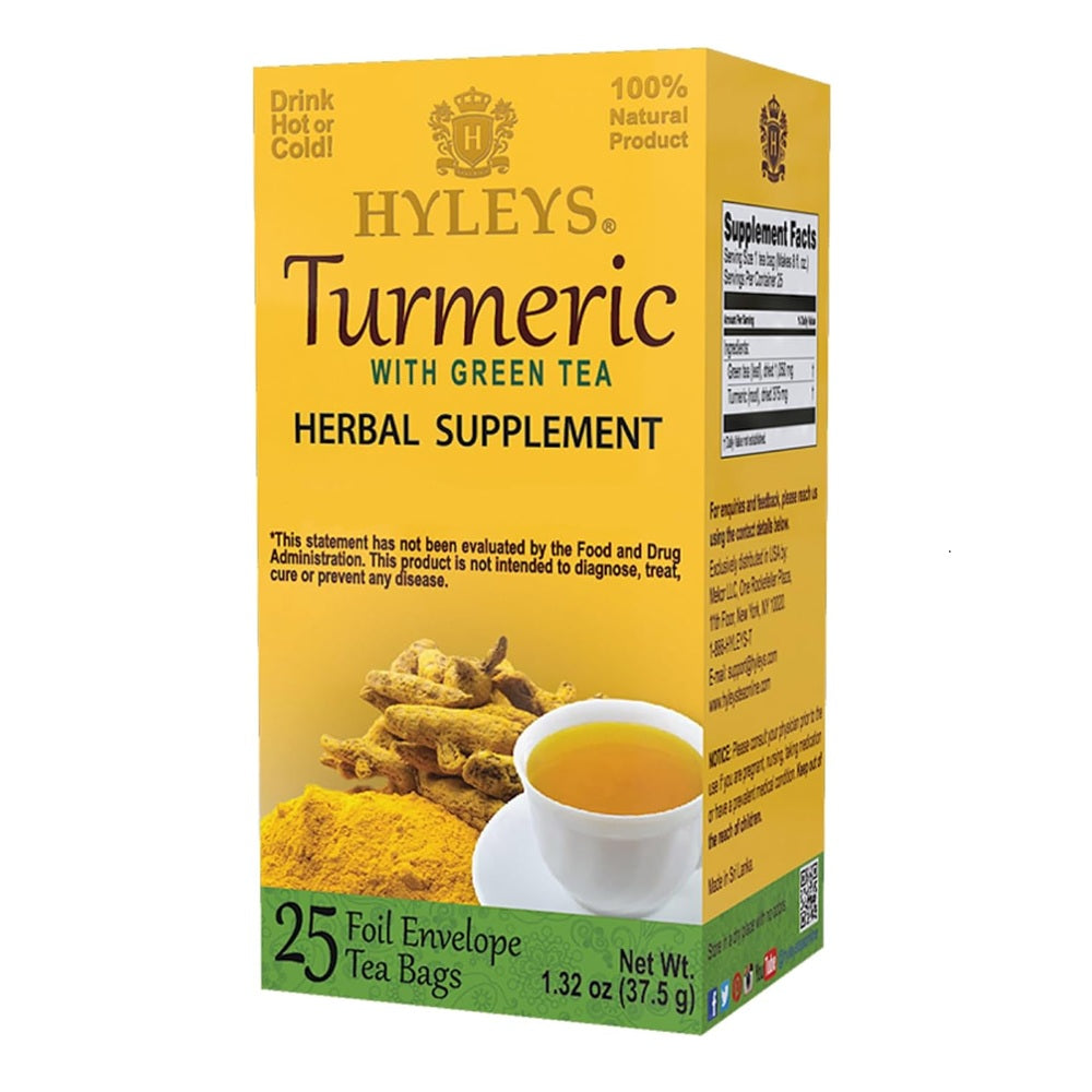 Hyleys Turmeric with Green Tea, 25 Foil-Wrapped Tea Bags 1.32 oz Box | TG Gourmet