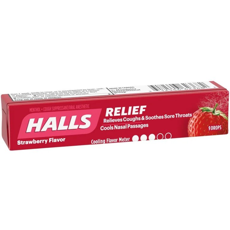 Halls Strawberry Menthol Cough Drops 9-Drop Stick Pocket Pack | TG Gourmet