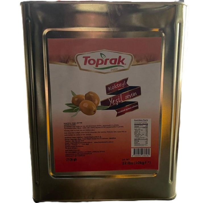 Toprak Cocktail Green Olives 141/170, 22 lb (10 kg) Bulk Tin | TG Gourmet