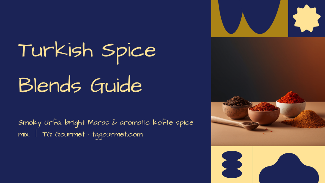 Turkish spice blends guide graphic with bowls of Urfa and Maraş red pepper flakes and köfte spice mix
