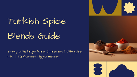 Turkish spice blends guide graphic with bowls of Urfa and Maraş red pepper flakes and köfte spice mix