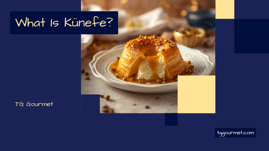 Golden künefe topped with crushed pistachios showing the stretchy melted cheese pull