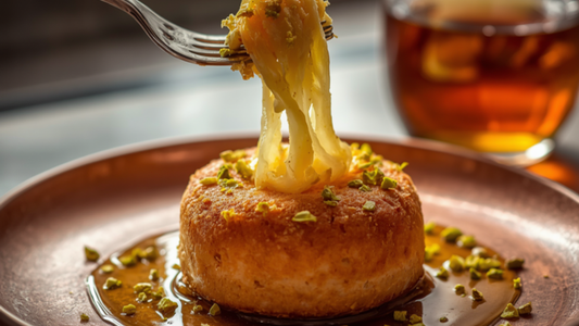 Golden crispy Turkish künefe with melting cheese pull and pistachios on a copper plate