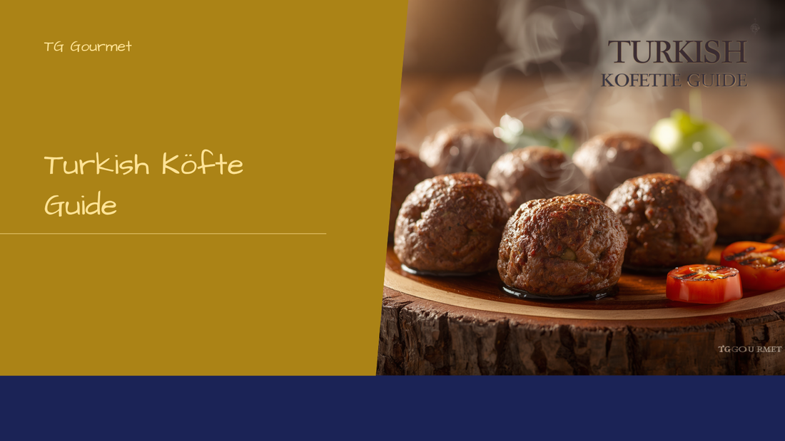 Grilled Turkish köfte meatballs with charred peppers and tomatoes on a wooden board - TG Gourmet Turkish Köfte Guide