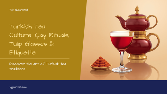 Graphic cover for Turkish tea culture guide showing a tulip-shaped çay glass and a two-tier çaydanlık teapot