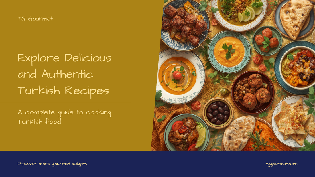 Overhead spread of authentic Turkish dishes including kebabs, mezze dips, dolma, lahmacun and olives, with the title Turkish Recipes and TG Gourmet branding