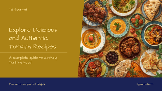 Overhead spread of authentic Turkish dishes including kebabs, mezze dips, dolma, lahmacun and olives, with the title Turkish Recipes and TG Gourmet branding