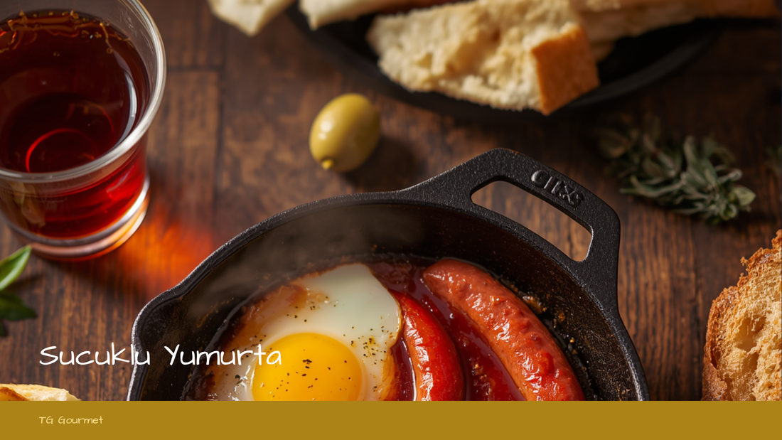 Sizzling sucuklu yumurta — sliced Turkish sucuk sausage with sunny-side-up eggs in a black cast-iron sahan pan