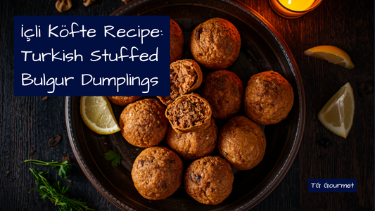 Fried içli köfte torpedo dumplings on a rustic plate, one split open to show the spiced ground beef and walnut filling