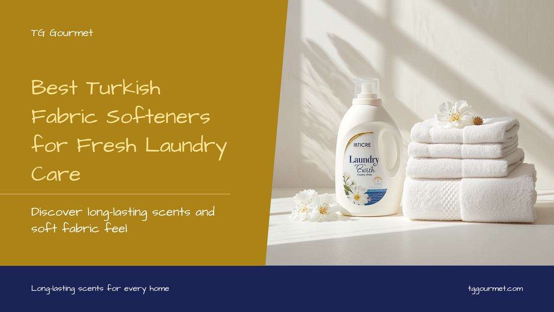 Turkish fabric softener bottle beside a stack of folded soft towels