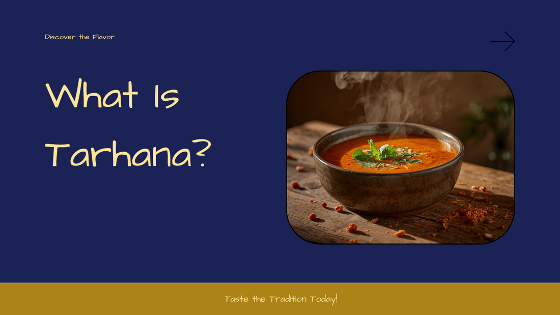 A steaming bowl of creamy reddish-orange Turkish tarhana soup beside a pile of dried tarhana flakes on a rustic wooden table
