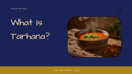 A steaming bowl of creamy reddish-orange Turkish tarhana soup beside a pile of dried tarhana flakes on a rustic wooden table