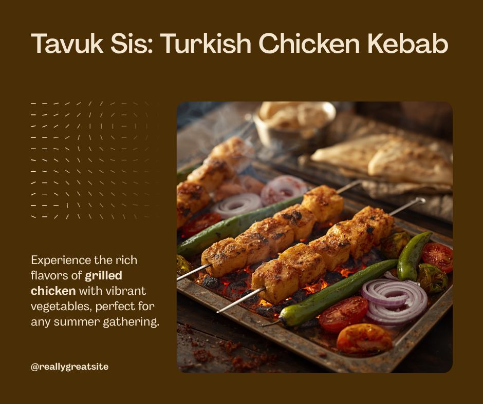 Skewers of charred Turkish tavuk sis chicken kebab over coals with grilled peppers and flatbread