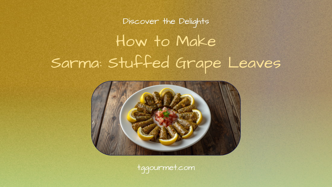 Turkish sarma (stuffed grape leaves) on a plate with lemon — TG Gourmet
