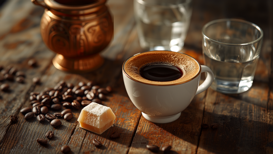 Authentic Turkish coffee in a traditional cup with a copper cezve