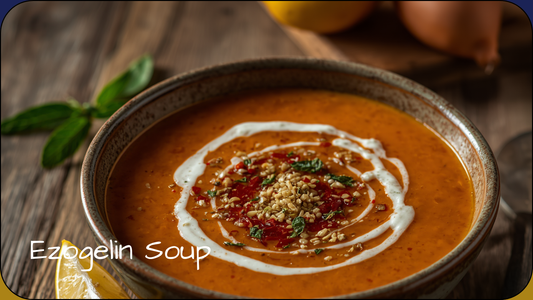 Bowl of ezogelin soup with dried mint and pul biber butter drizzle, lemon wedge and crusty bread alongside