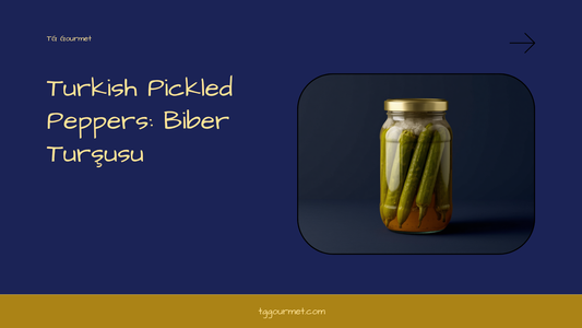 Graphic cover for TG Gourmet's guide to Turkish pickled peppers (biber turşusu), showing a jar of pickled sivri peppers with the post title