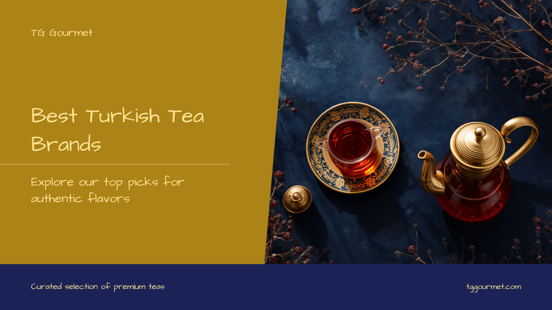 Turkish black tea in a tulip glass beside a traditional double teapot, with loose tea from top Turkish brands