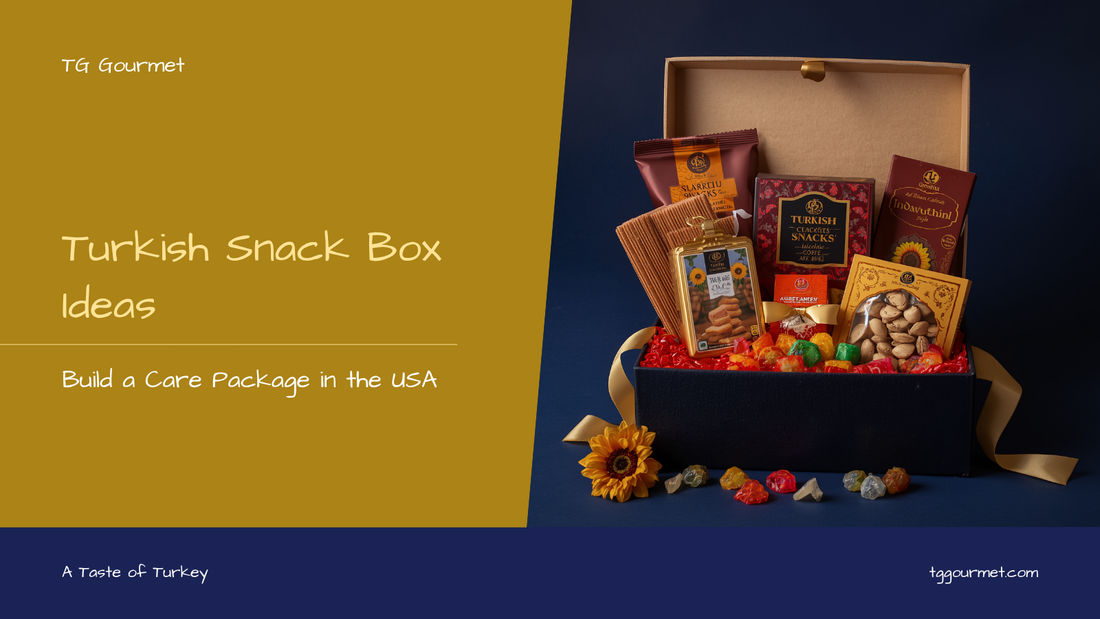 Turkish snack box care package with lokum, chocolate biscuits, roasted sunflower seeds, dried apricots, and black tea packed for US shipping