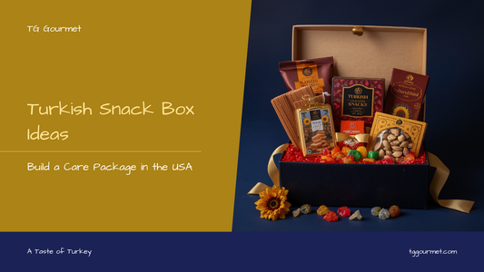 Turkish snack box care package with lokum, chocolate biscuits, roasted sunflower seeds, dried apricots, and black tea packed for US shipping