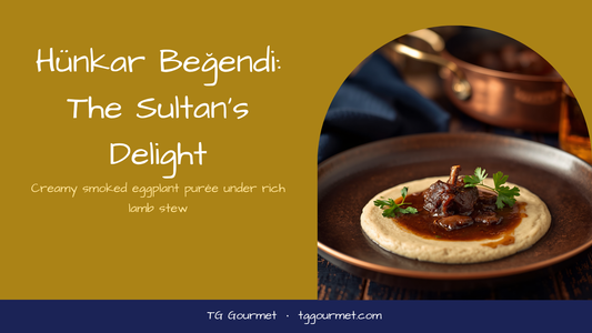 Hünkar beğendi on a rustic plate — Turkish lamb stew in glossy tomato sauce spooned over creamy smoky eggplant purée, garnished with parsley