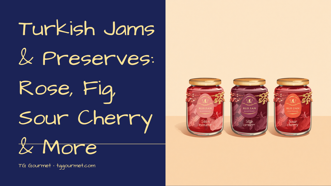 Graphic cover for TG Gourmet's Turkish jams and preserves guide — rose, fig, and sour cherry reçel