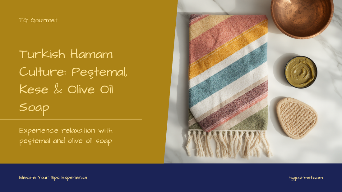 Graphic of Turkish hamam essentials: striped peştemal towel, kese scrub mitt, olive oil soap bar, copper hamam bowl, and natural loofah on a marble background
