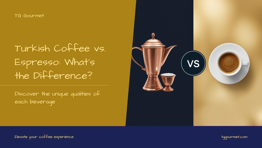 Graphic comparing Turkish coffee in a copper cezve with an espresso shot topped with crema