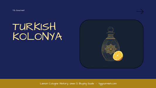 Graphic cover for TG Gourmet's Turkish kolonya guide — lemon cologne bottle and lemon illustration with title text