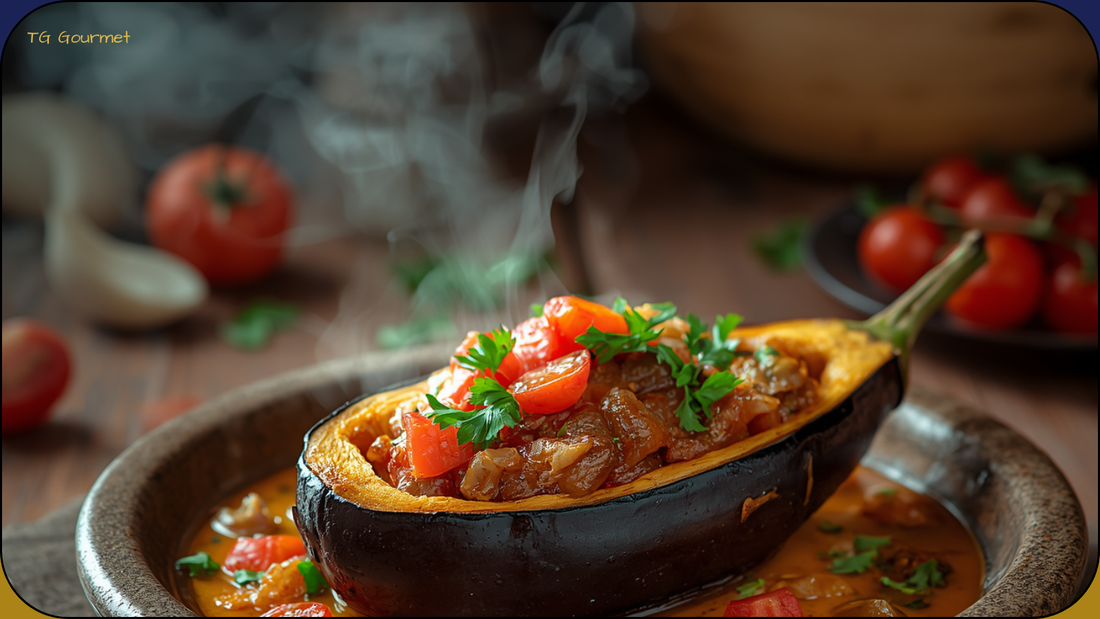 İmam Bayıldı Turkish stuffed eggplant in olive oil topped with tomato and parsley