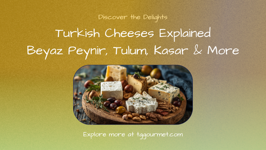 Assorted Turkish cheeses including beyaz peynir, tulum and kasar on a board