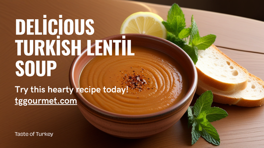 Turkish red lentil soup mercimek corbasi in a rustic bowl with lemon and mint