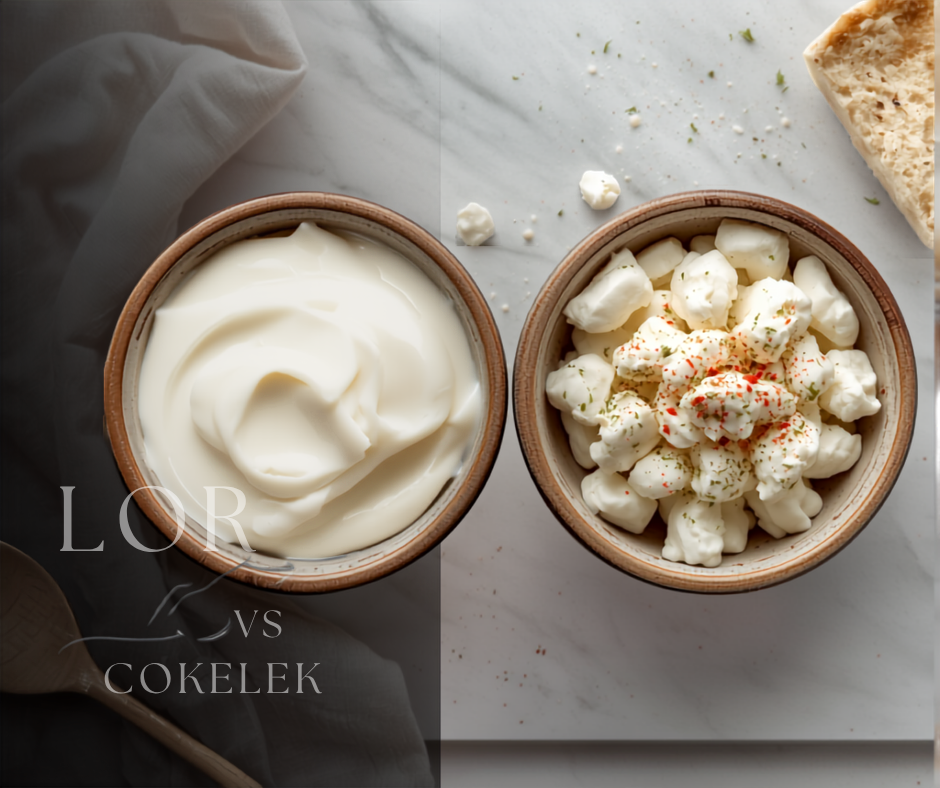 Bowls of soft Turkish lor cheese and dry crumbly cokelek curds with herbs on a marble slab