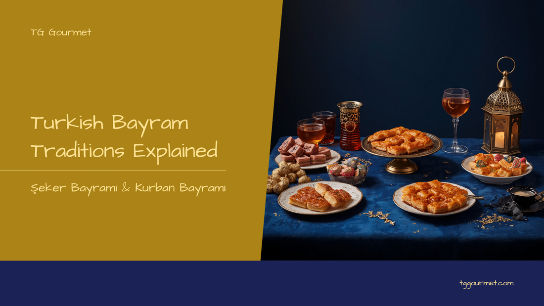 Graphic illustrating Turkish bayram traditions with Turkish delight, baklava, Turkish coffee cups, and festive holiday motifs