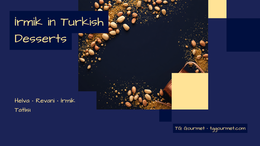 Toasted semolina helva with pine nuts, revani squares, and chilled irmik pudding on a Turkish dessert table