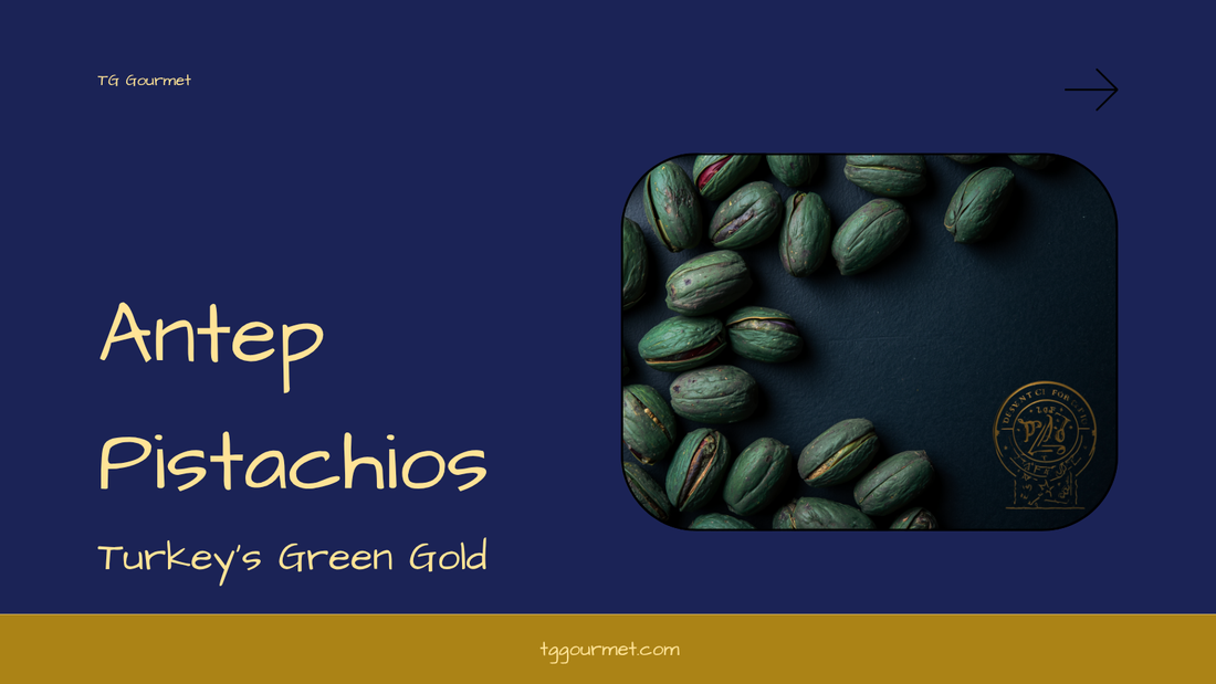 Antep pistachios from Gaziantep — in-shell nuts and bright green kernels beside a tray of pistachio baklava