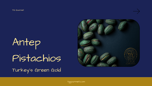 Antep pistachios from Gaziantep — in-shell nuts and bright green kernels beside a tray of pistachio baklava