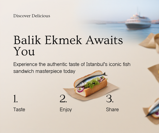 Grilled mackerel balik ekmek sandwich in crusty bread with onion and lemon by the Istanbul waterfront
