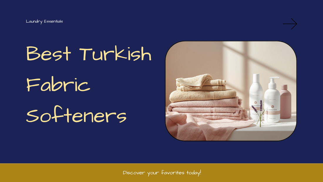 Turkish fabric softeners and laundry detergents lined up on a laundry shelf