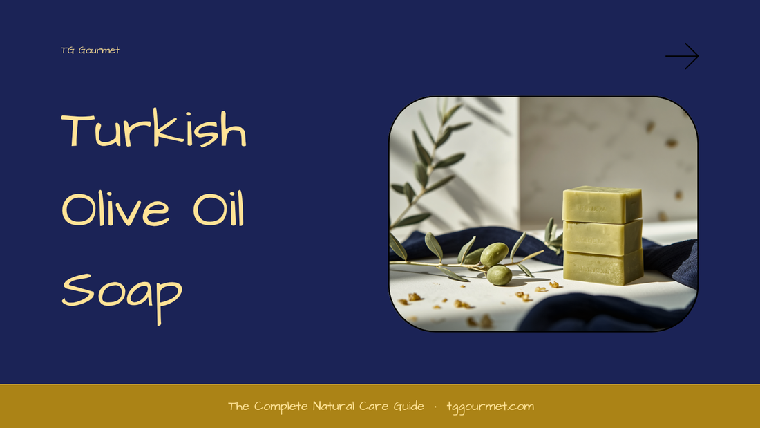 Stacked bars of Turkish olive oil soap with olive branches, a kese mitt, rose water, and lemon kolonya on a hamam-style marble counter