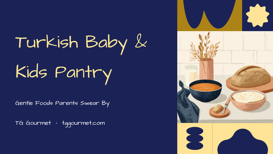 Illustrated graphic of Turkish baby and kids pantry staples: tarhana soup, yogurt, red lentil soup, sütlaç, pekmez, and Dalin baby shampoo
