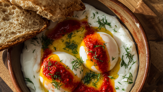 Çılbır Turkish poached eggs over creamy garlic yogurt with red Aleppo pepper butter and fresh dill