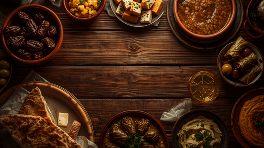 Turkish Ramadan iftar table with dates, soup, pide and mezze dishes