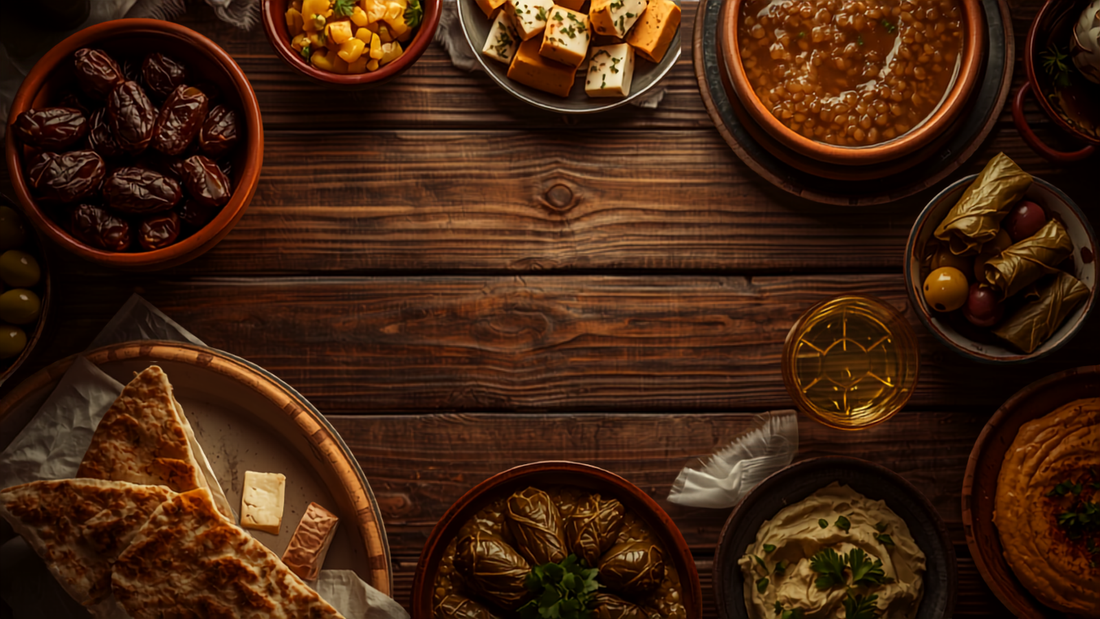 Turkish Ramadan iftar table with dates, soup, pide and mezze dishes