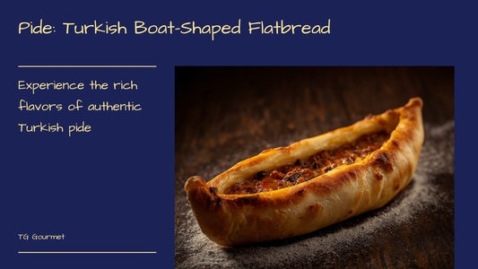 Golden boat-shaped Turkish pide sliced into strips, filled with melted kaşar cheese and sucuk, brushed with butter on a wooden board