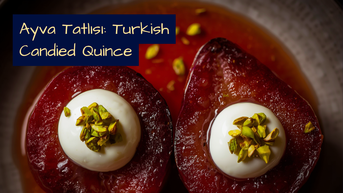 Two ayva tatlısı quince halves in deep red syrup topped with kaymak and crushed pistachios