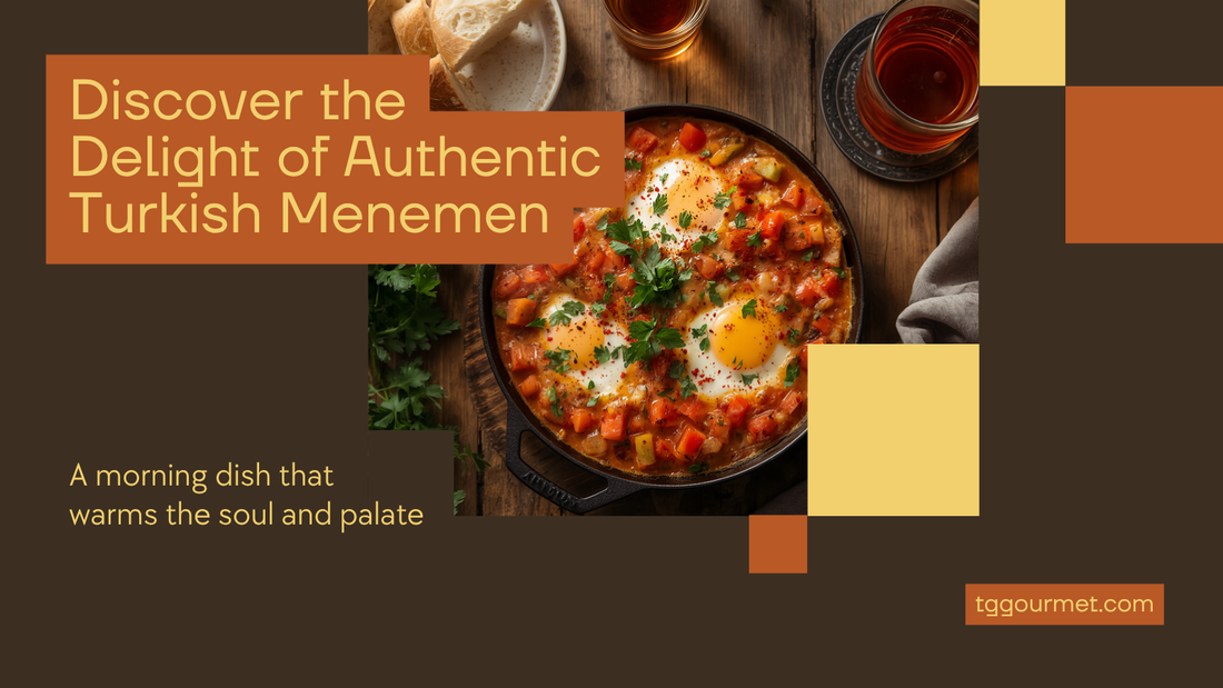 Turkish menemen scrambled eggs with tomatoes and peppers in a cast-iron pan
