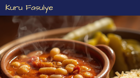 Bowl of Turkish kuru fasulye white bean stew in thick tomato-pepper broth, served with rice pilav and turşu pickles