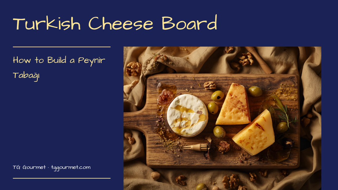 Turkish cheese board (peynir tabağı) with beyaz peynir, kaşar, tulum, olives, honey with kaymak, dried fruits, walnuts, and simit