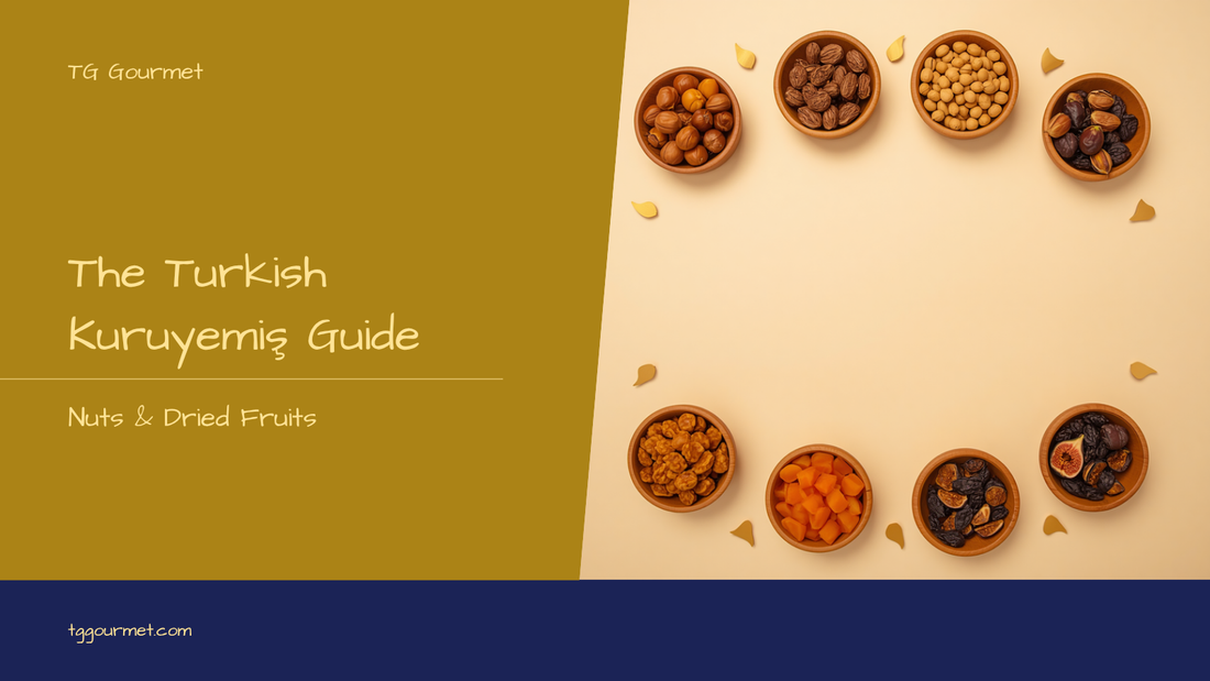 Turkish kuruyemiş graphic with roasted hazelnuts, pistachios, leblebi, dried apricots, and figs arranged in bowls with the title "Turkish Nuts & Dried Fruits Guide"